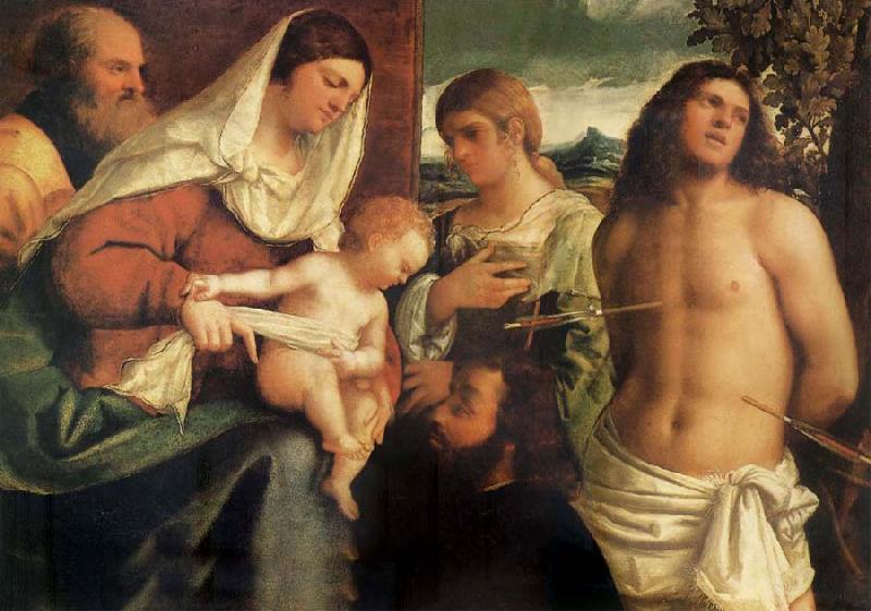 Sebastiano del Piombo The Sacred Family with Holy Catalina, San Sebastian and an owner.the Holy oil painting image
